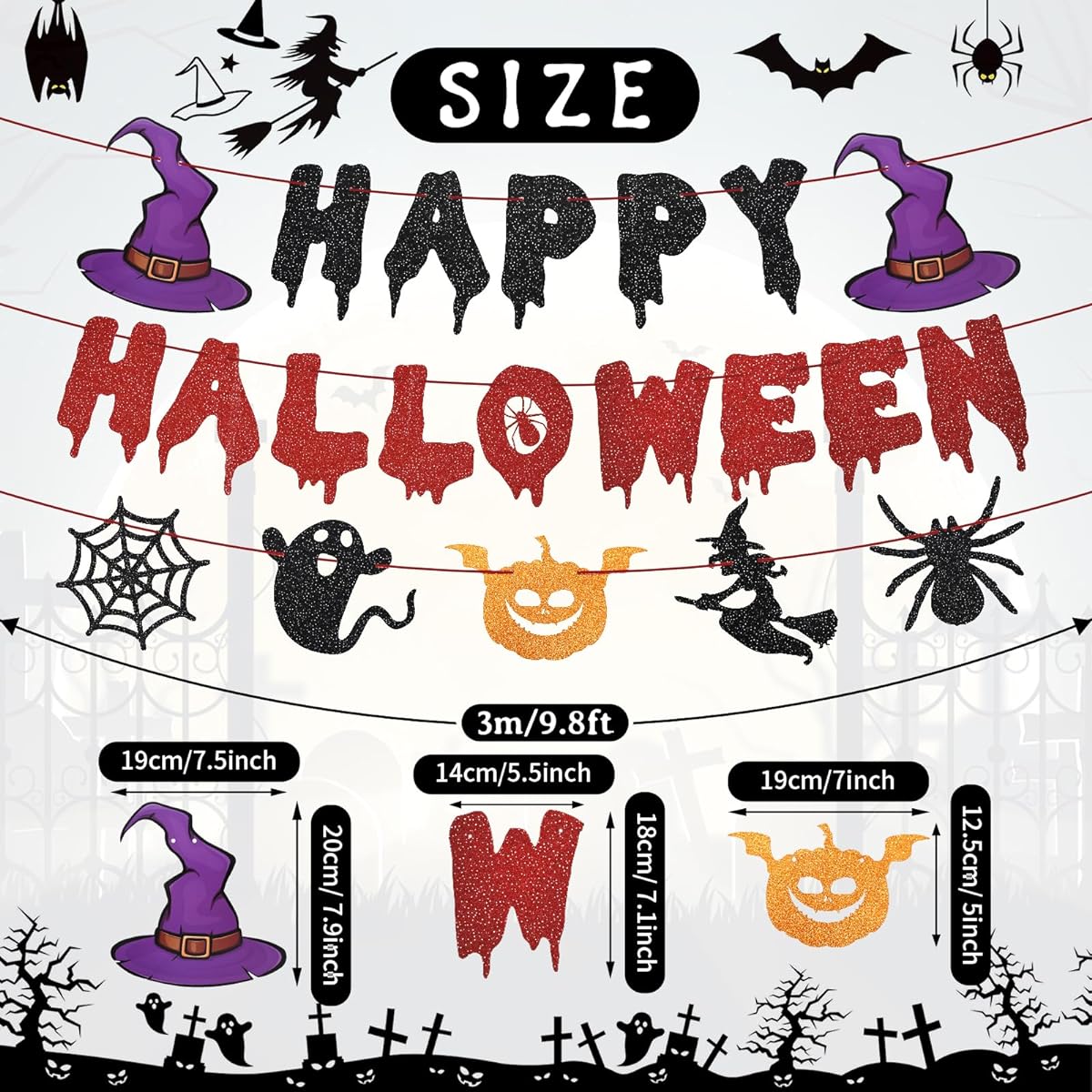 Happy Halloween Banner - Halloween Hanging Paper Garland Bunting Banner Witch Pumpkin Decorations for Photo Backdrop Wall Home Mantle Office Wall Scary Party Supplies