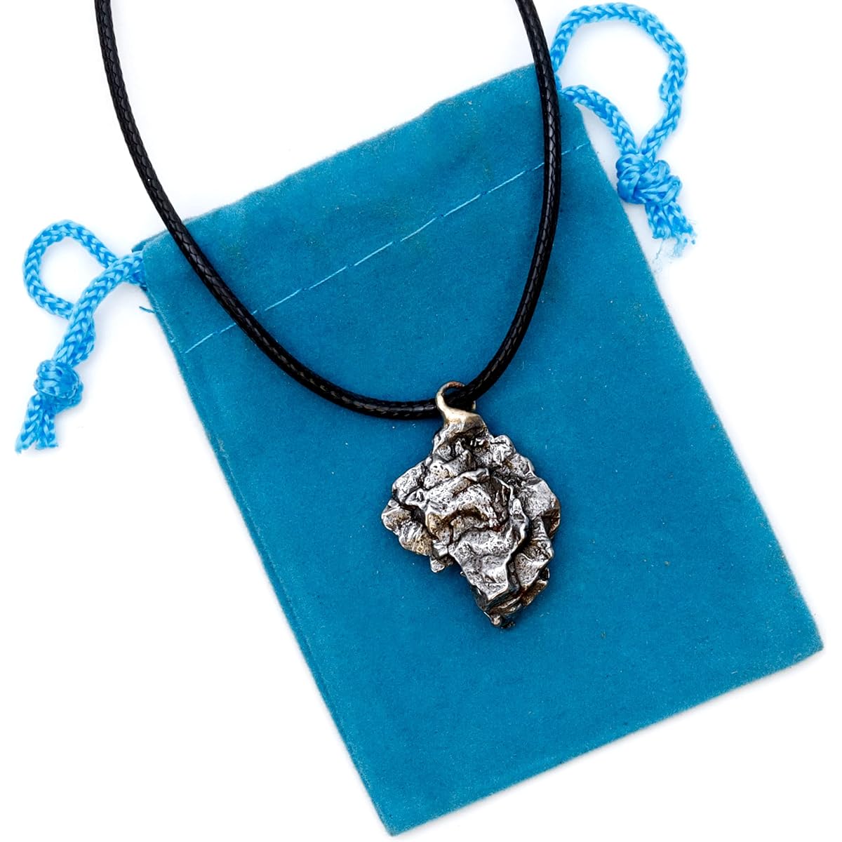 Authentic Meteorite Pendant Necklace with Adjustable Waxed Cotton Cord, Packaged in a Velvet Pouch inside Wooden Handcrafted Pirate Treasure Chest Box, Bonus Educational Card, Dancing Bear Brand.
