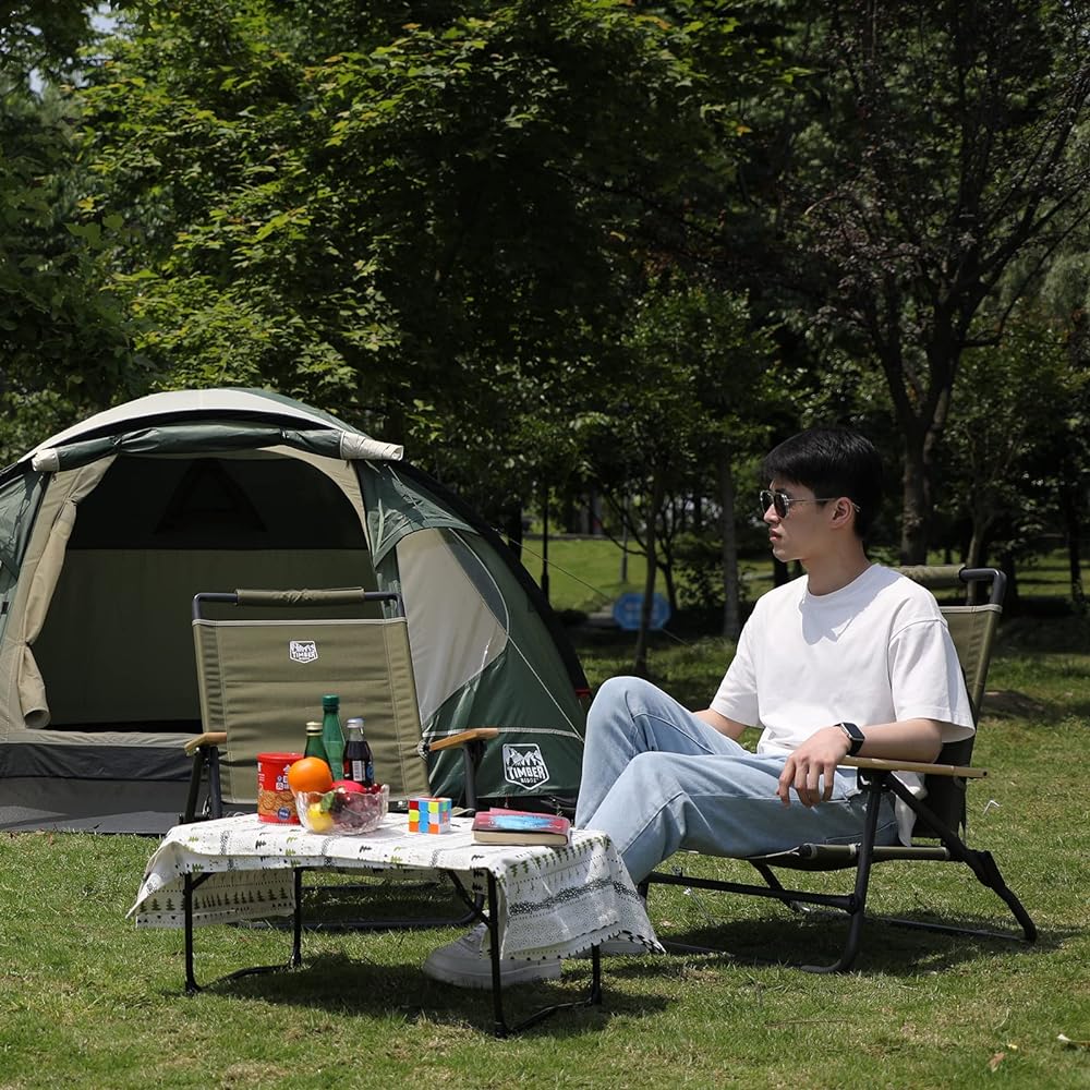 TIMBER RIDGE Outdoor Chair, Cross-legged Chair, Foldable, 3-tier Reclining, Load Capacity: 150kg, Weight: 3.9kg, Camping, Low Chair, Solo Chair, Wooden Armrest, Fishing, Barbecue