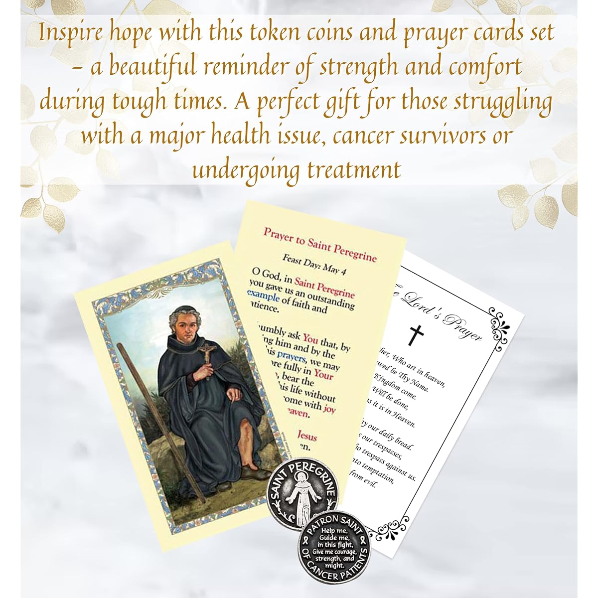 Laminated Saint Peregrine's Prayer Cards - Saint Peregrine Coin Token Lord's Prayer Cards | Catholic Saint Cards Patron Saint of Cancer Patients Pocket Prayer Tokens | Bundle of 5 Items