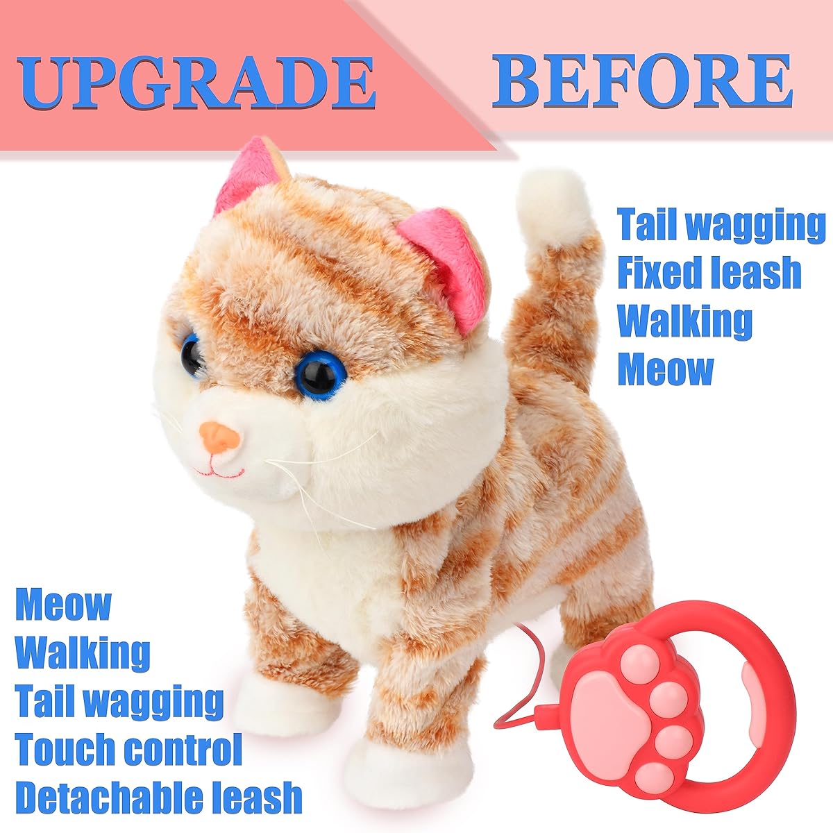 Cuteoy Electric Musical Yellow Kitty Toy Remote Control Walking Nodding Pet Cat Stuffed Animal Meow Wagtail Plush Interactive Gift for Kids, 9.5 Inch