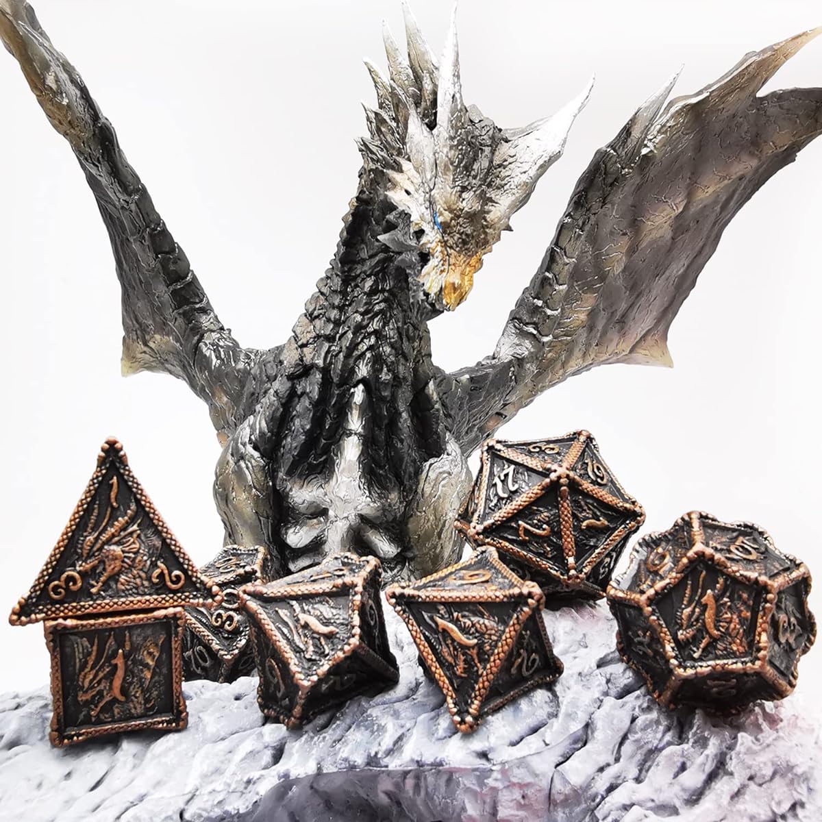 HAOMEJA Dice DND Metal Dragon Set Dice 7 Role Playing Dice D&D Solid Dice Dungeons & Dragons (Antique Red Copper)