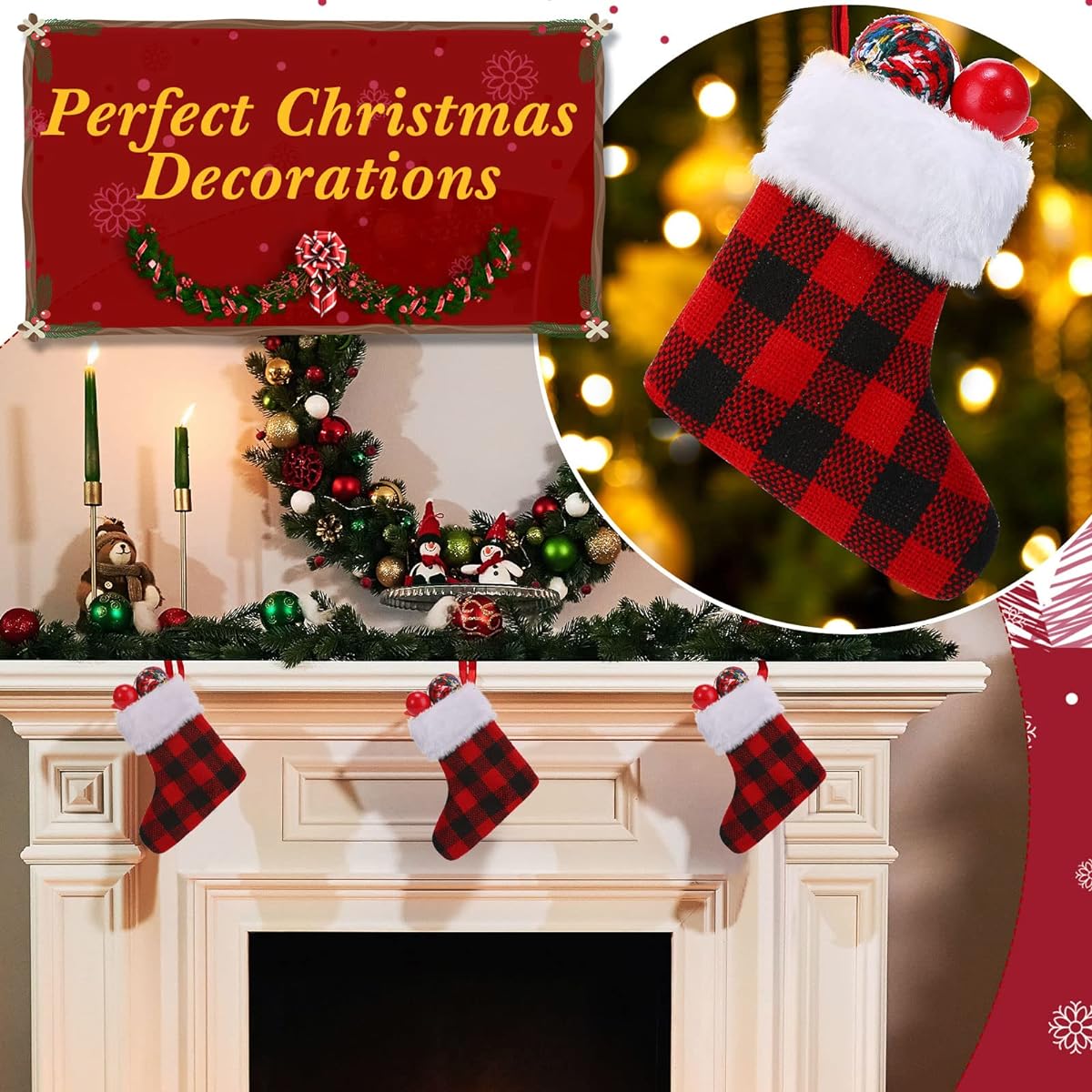 Seematn 150 Pack Bulk Mini Christmas Stockings 4.72 Inch Black and Red Buffalo Plaid Christmas Party Decorations