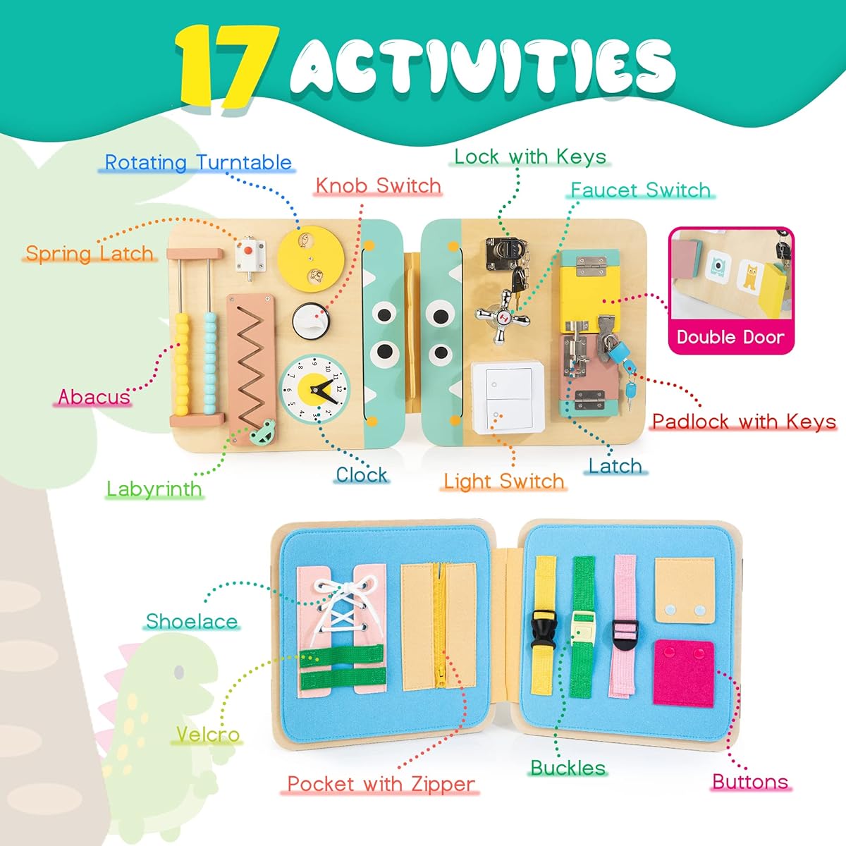 HELLOWOOD Building Blocks 17 in 1 Kids Wooden Busy Board Montessori Activity Sensory Board Educational Game Multifunctional Educational Toys Gifts for Boys Girls Toddlers