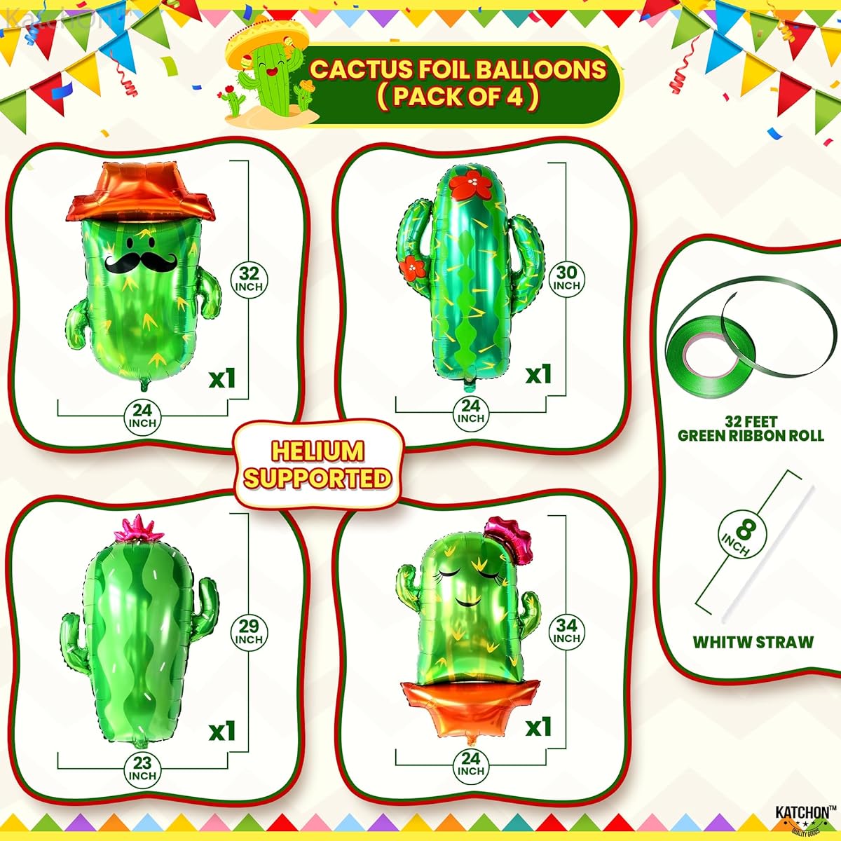 KatchOn Cactus Balloons for Cactus Party Decorations - Large 34 Inch | Fiesta Balloons for Fiesta Party Decorations | Cactus Birthday Balloons | Mexican Party Decorations Cinco De Mayo Decorations
