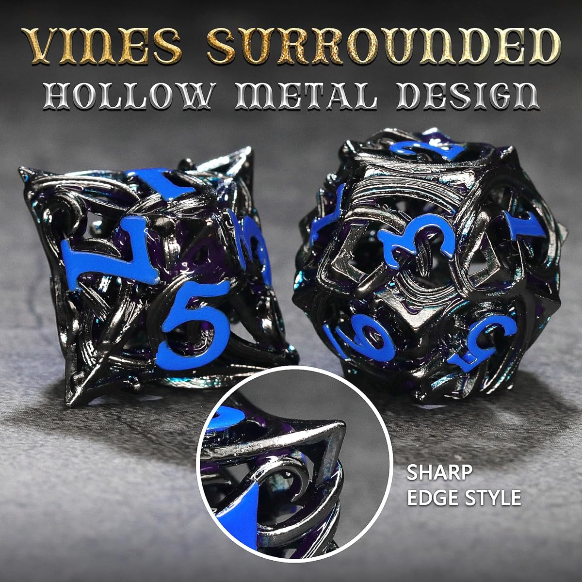 FONVGOGO Metal Dice Set D&D Polyhedral DND Dice Set for Dungeons and Dragons Hollow Metal Vine Dice Role Playing D and D RPG Dice for Tabletop Games Ttrpg (Vine Black)