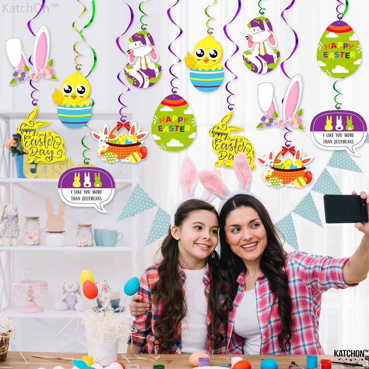 Easter Hanging Swirl Decorations - Pack of 30 | Purple Easter Eggs, Bunnies for Easter Decorations, Easter Egg Cutouts for Easter Hanging Decorations | Bunny Easter Hanging Egg Decorations
