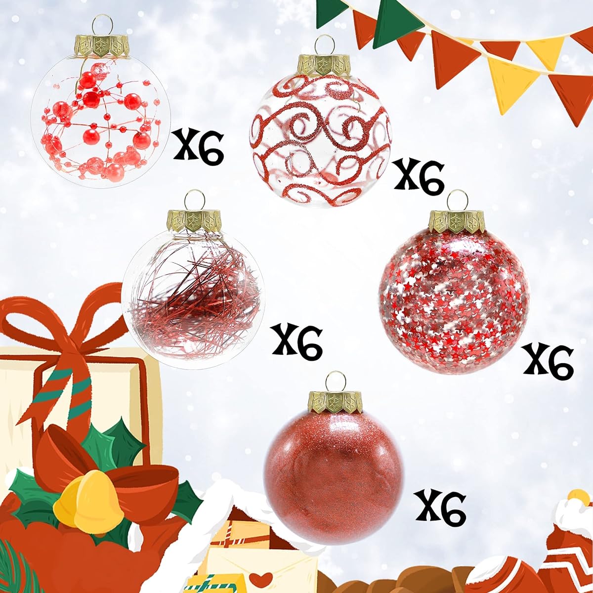 Lulu Home 30ct 2.36 Inch Clear Christmas Ball Ornaments with Unique Decorations Inside, Shatterproof Plastic Balls for Christmas Party Wreaths and Garlands Trees, Red