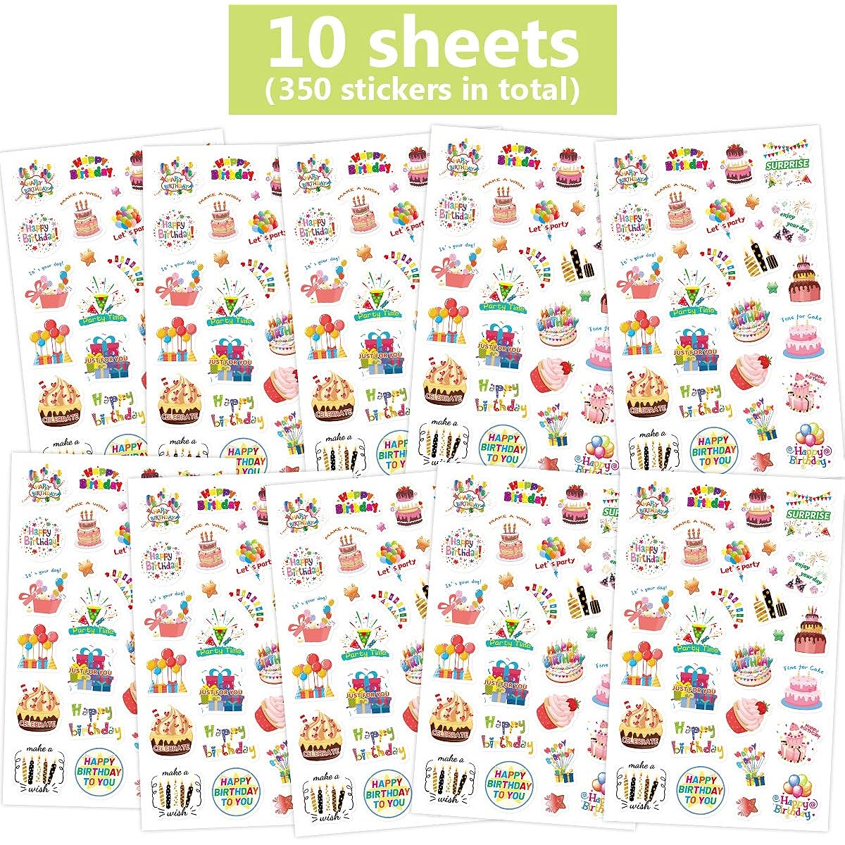 Happy Birthday Stickers 10 Sheets - 300 Sheets for Kids Party Home Classroom Decorations