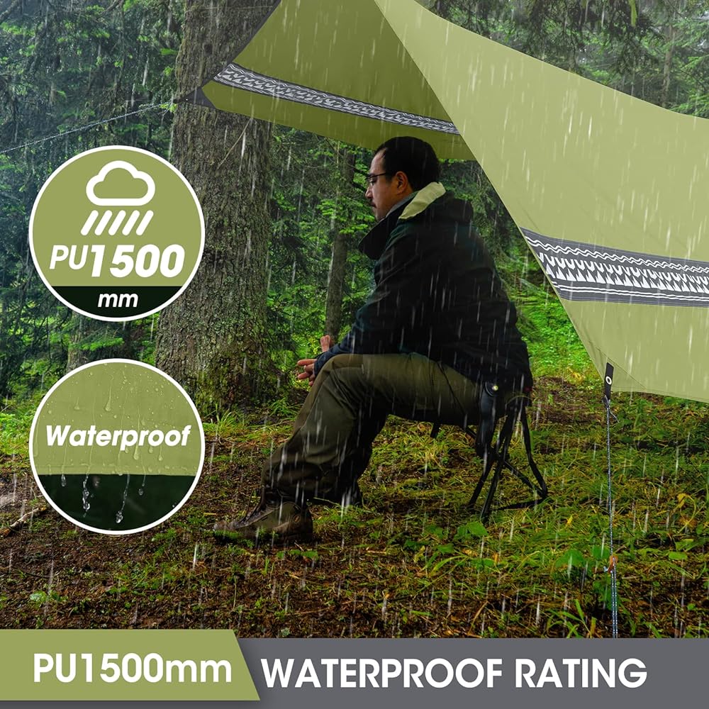 VILLEY Tarp, Camping Tarp, Sun Shelter, Tent Tarp, Awning, 3.5x3m, PU Coating, Flame Retardant Material, UV Protection, Light Blocking, Heat Shielding, Waterproof, Outdoor, Storage Case Included (Green)