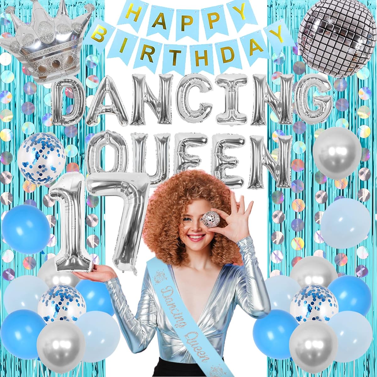 Wonmelody 17th Birthday Banner Decorations for Girls, Blue & Silver Dancing Queen 17th Birthday Decorations Disco Party Decor Dancing Queen Banner Birthday Party Supplies with Crown Balloon and Fringe Curtain