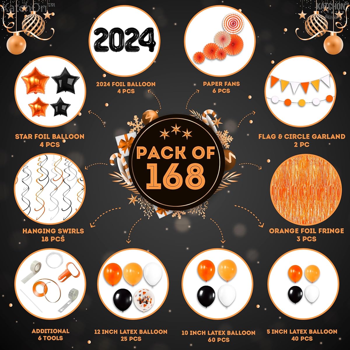 KatchOn Orange and Black Graduation Decorations - 170 Pack | Black 2023 Balloons, Orange Fringe Backdrop, Swirls, Garland | Graduation Decorations 2023 Orange Black | Prom Decorations