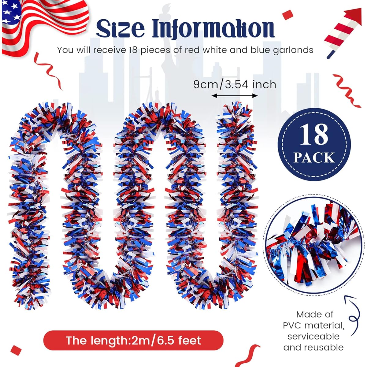 18pcs 118ft Patriotic Tinsel Garland Independence Day Tinsel Garland Metallic Patriotic Garland Chunky Glitter Red White Blue Garland for 4th of July Memorial Day Parade Float Decorations