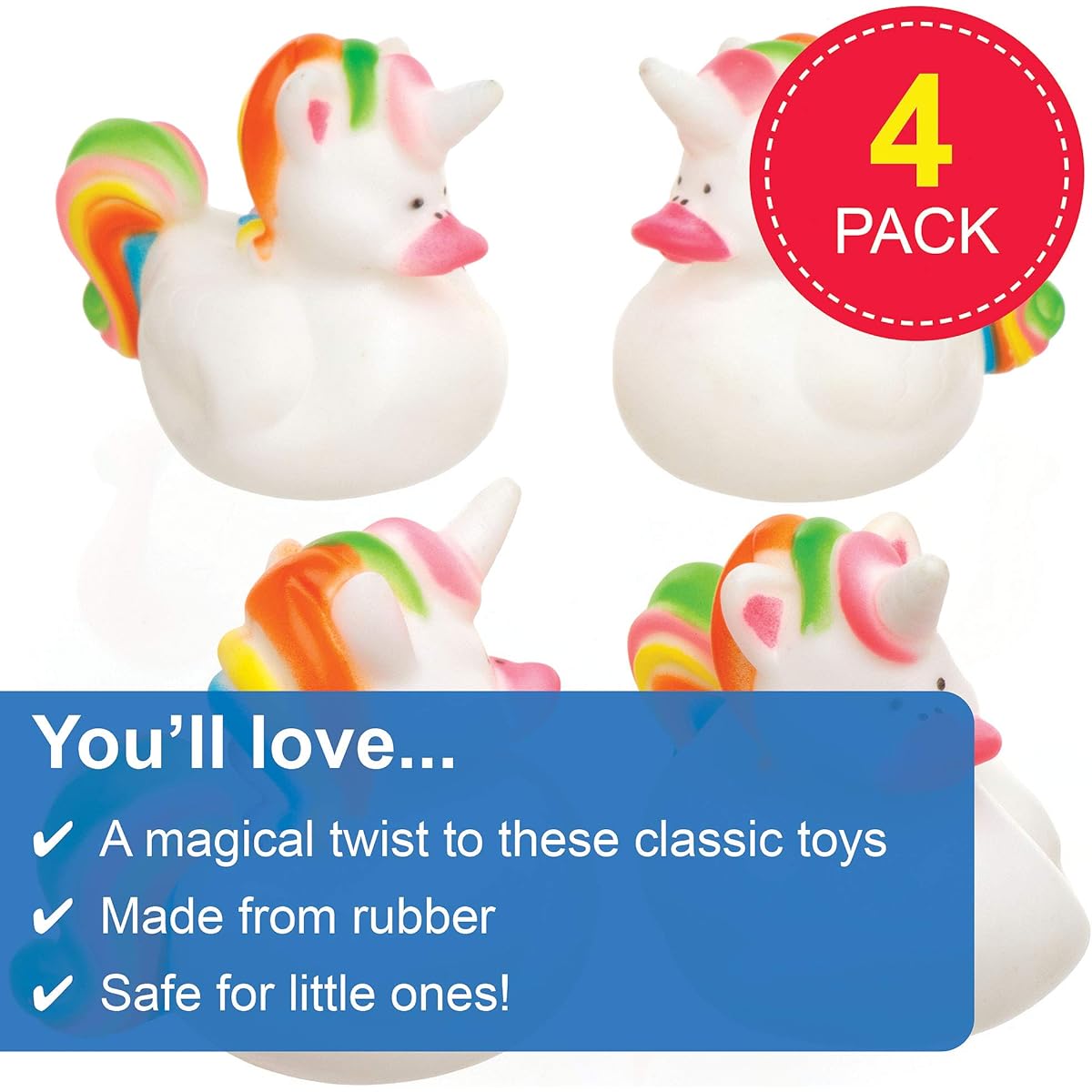 Cute unicorn rubber ducks (4 pieces) Great for playing in the bath Great for party favors and displays