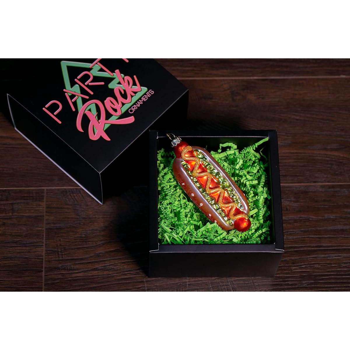 Party Rock - Hot Dog Ornament - Food & Drink Collection - 2" Wide x 6" Tall - Glass Blown Ornament for Christmas Tree