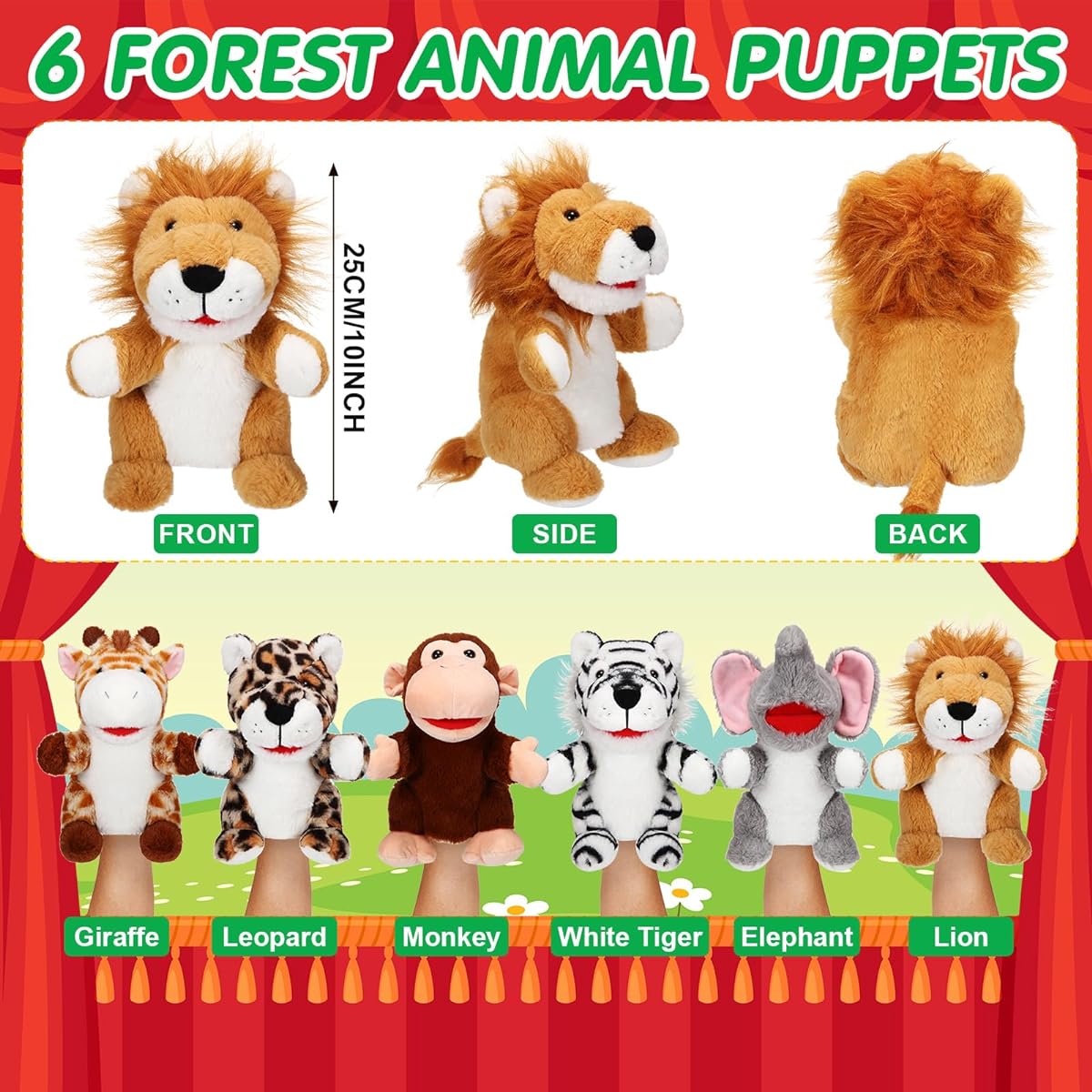 Lenwen 6-Piece Bulk Hand Puppets for Kids with Mouths 10-Inch Animal Soft Plush Hand Puppets for Kids Adults Birthday Graduation Gifts Storytelling Classroom Education Preschool (Forest Animals)