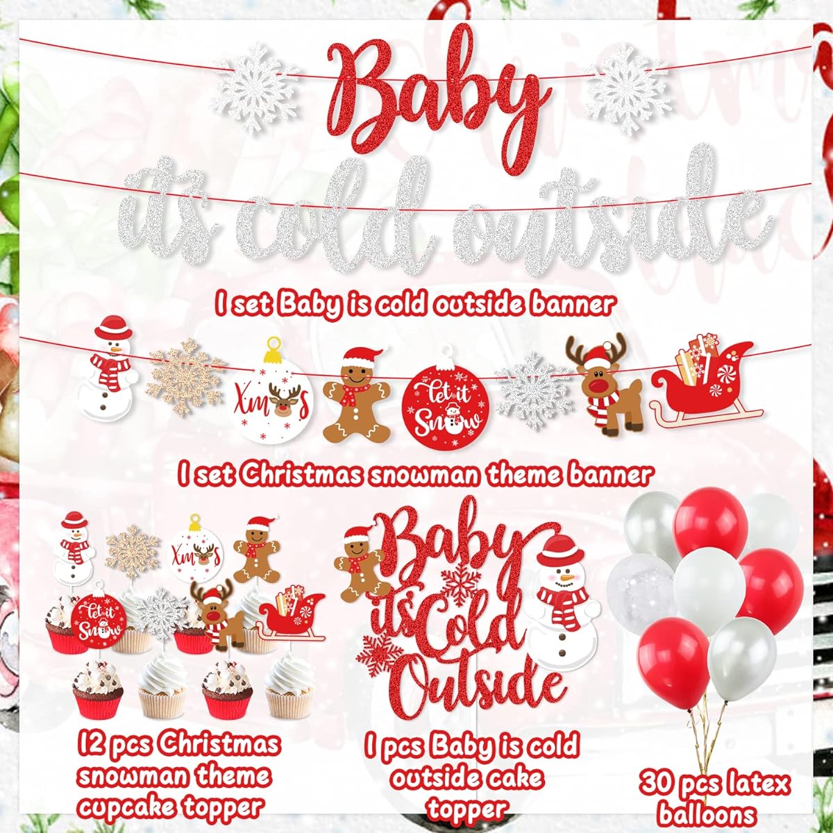 K KUMEED Christmas Party Decorations, Baby it's Cold Outside Banner Gingerbread Man Snowflake Snowman Reindeer Cake Topper Latex Balloon Red Kit Christmas Winter Party Supplies