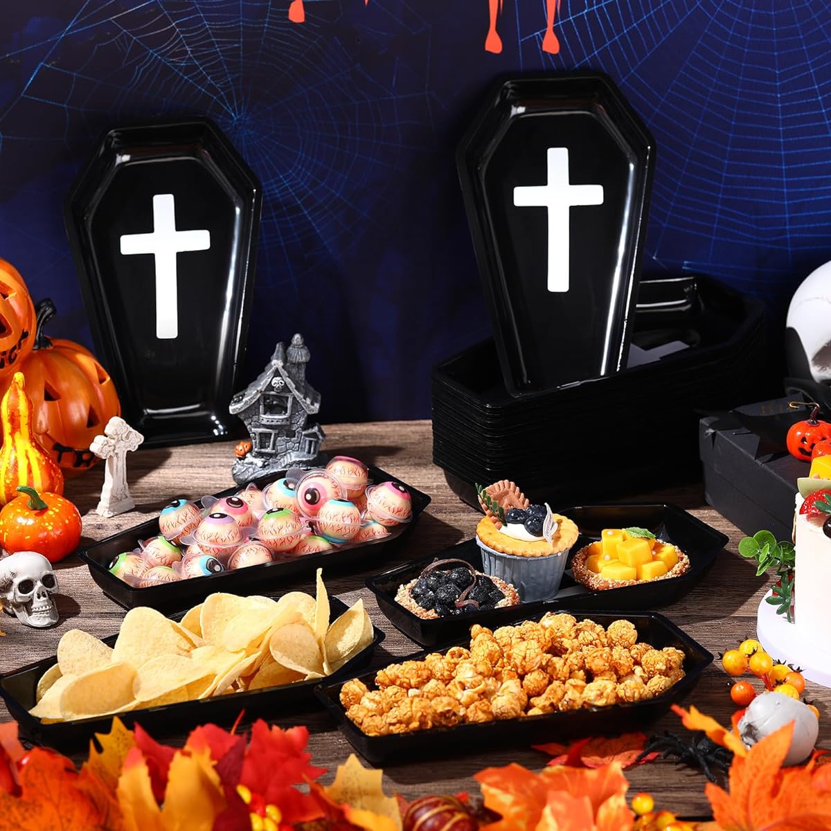 Umigy 60 Pieces Halloween Party Serving Tray Plastic Orange Pumpkin Black Cat White Ghost Bat Coffin Plates Halloween Party Tableware Party Supplies for Halloween Party (Coffin)