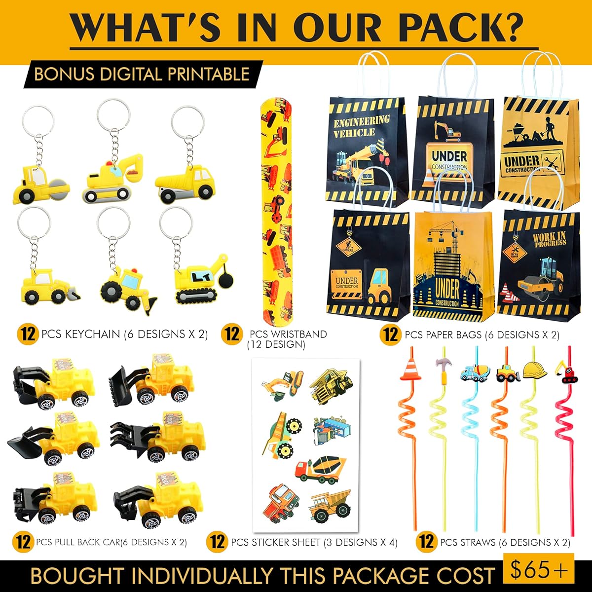 Construction Party Favors - Set of 12 Treat Bags Straw Slap Bands Key Chains