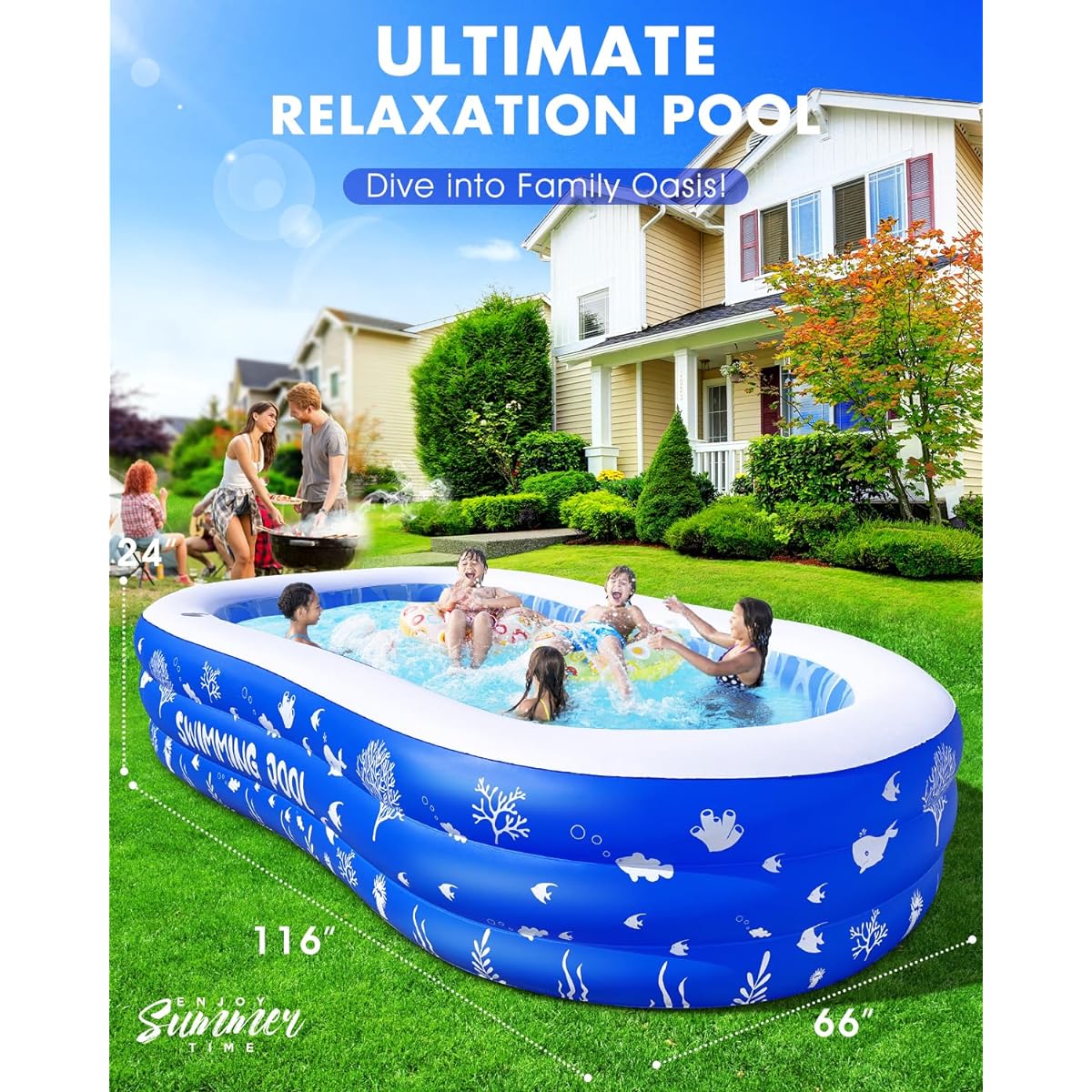 Inflatable Swimming Pool, 2024 Extra Large Thick Blow Up Pool, Family Swimming Pool | Backyard Pool for Kids and Adults, Above Ground 116"x66"x24", Large Kiddie Pool for Toddlers, Outdoor