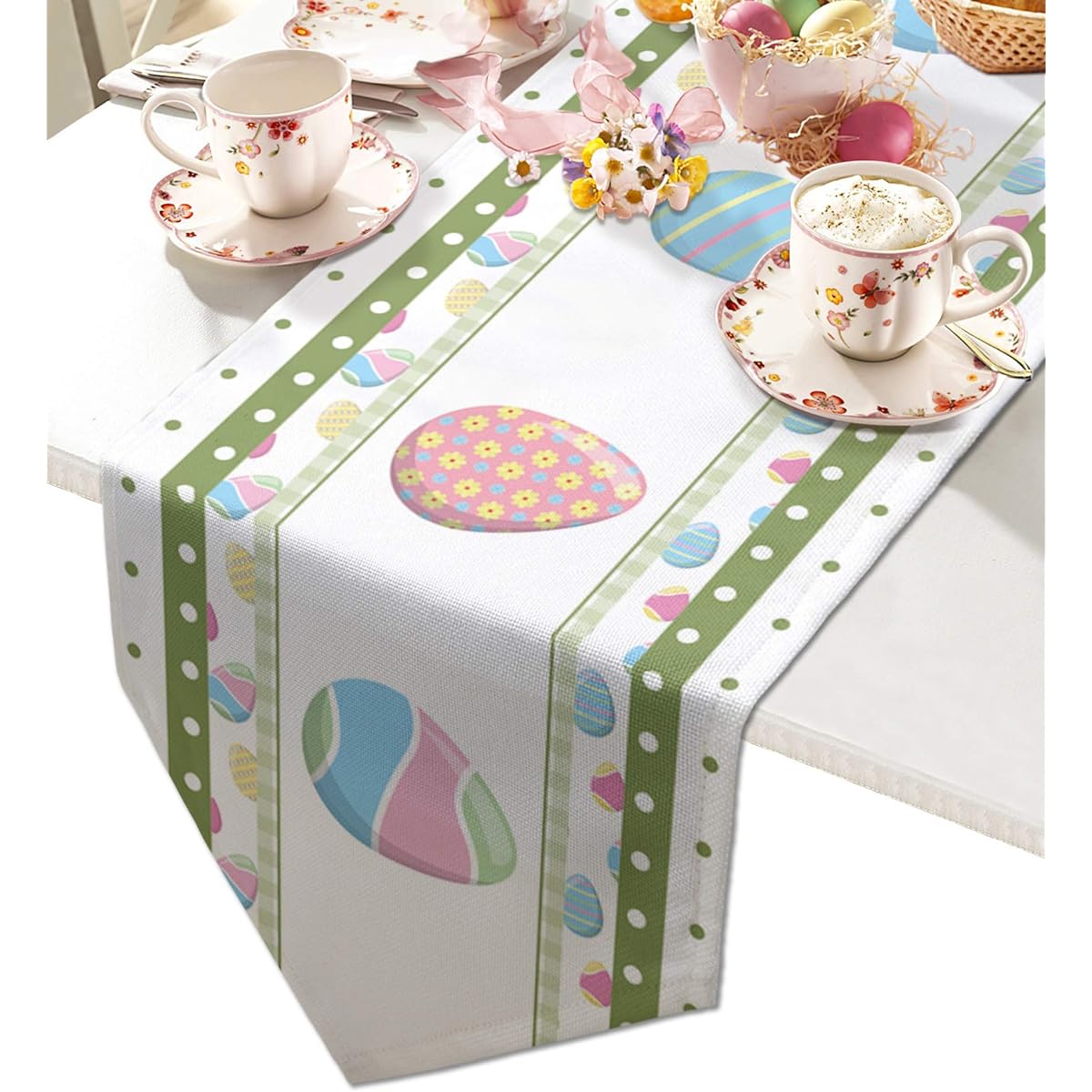 Cotton Linen Triangle Table Runner 72" Long Buffalo Check Graffiti Easter Egg Dresser Scarf Table Decoration for Wedding Party/Graduation/Banquet(14x72") Stripe Polka Dot
