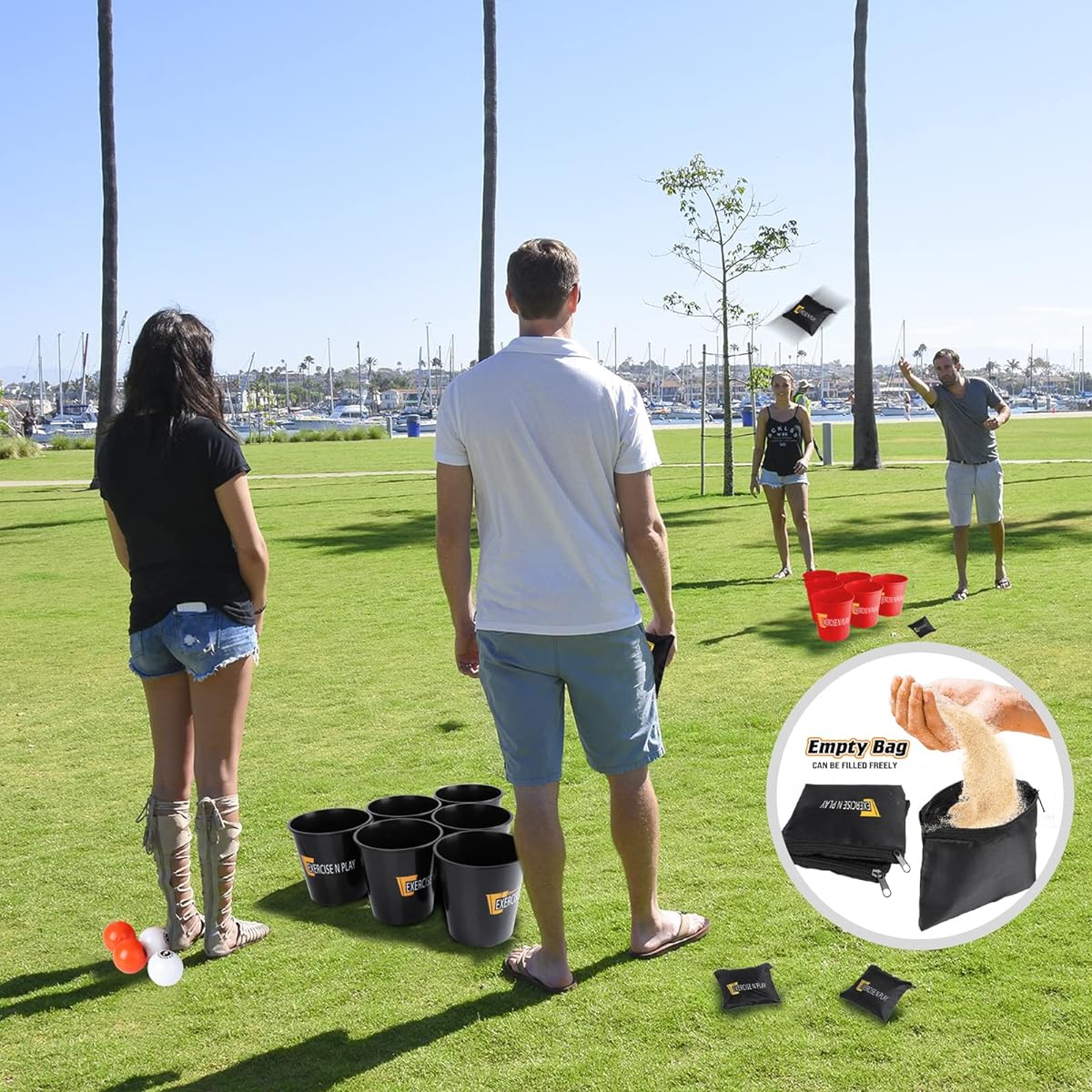 12 Pieces Giant Bucket Yard Pontos Game Set with Carry Bag, Exercise N Playtos Game Set with Bean Bags for Family Friends Wedding Party Indoor Outdoor Beach Red & Black