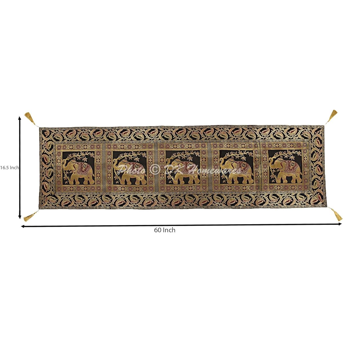 DK Homewares Ethnic Traditional Birthday Party Elephant Tassel Work Table Runner Black Gold Brocade Satin 60" Length Dining Table Decor 5ft Centerpiece (150 X 40 cm)