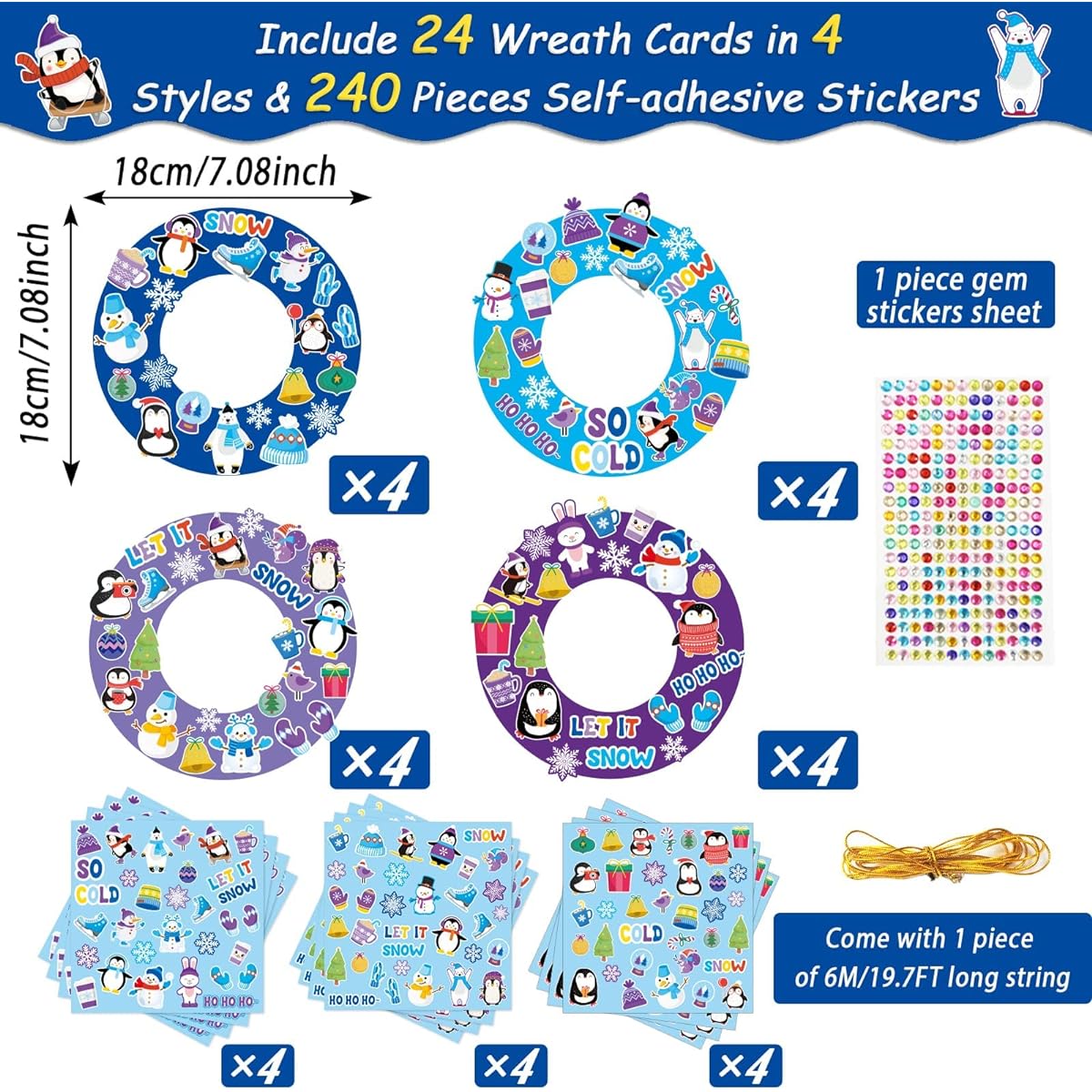 24 Pieces Winter Wreath Crafts for Preschoolers DIY Winter Paper Art Craft Kit with Snowman Snowflake Stickers for Home Classroom Indoor Game Activities