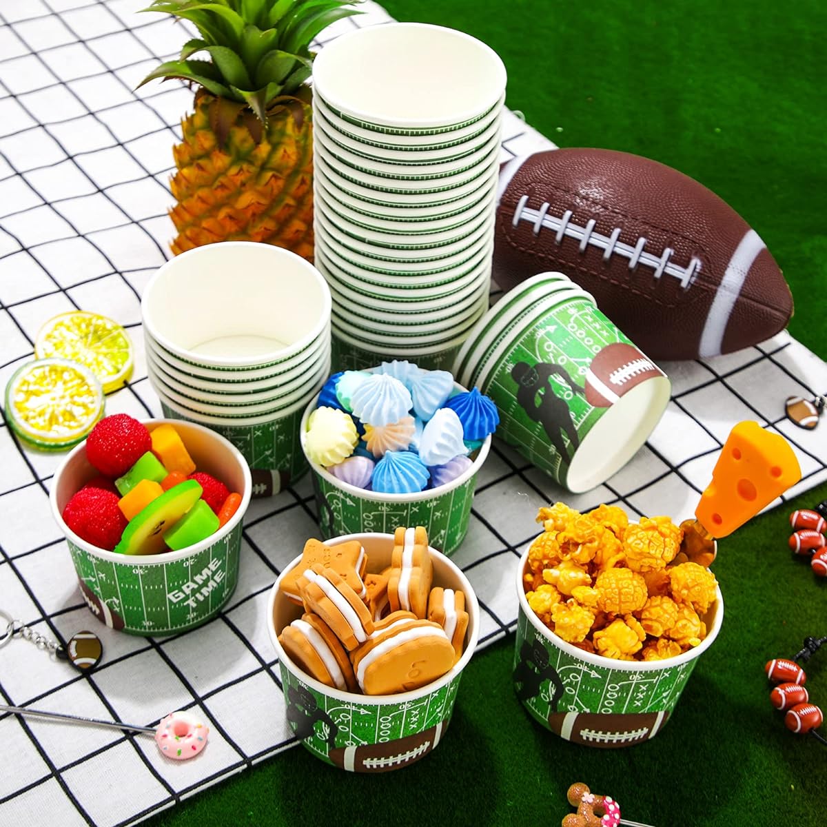 CHENGU Football Snack Bowls, Paper Game Day Football Bowls Party Supplies Football Ball Serving Bowls Paper Cups Disposable Paper Buckets for Football Tailgate Dinner Sporting Events (48, Cool Style)