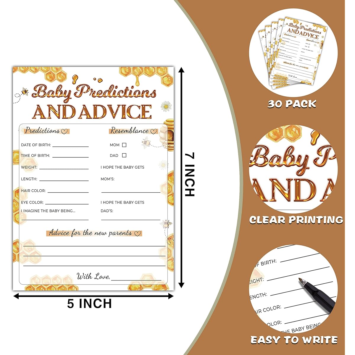 Baby Shower Games - Baby Prediction and Advice Game Cards for Gender Reveal Party - Bumblebee Baby Shower Games & Activities - Honeycomb Party Decorations for Boys and Girls - 30 Game Cards(F15)