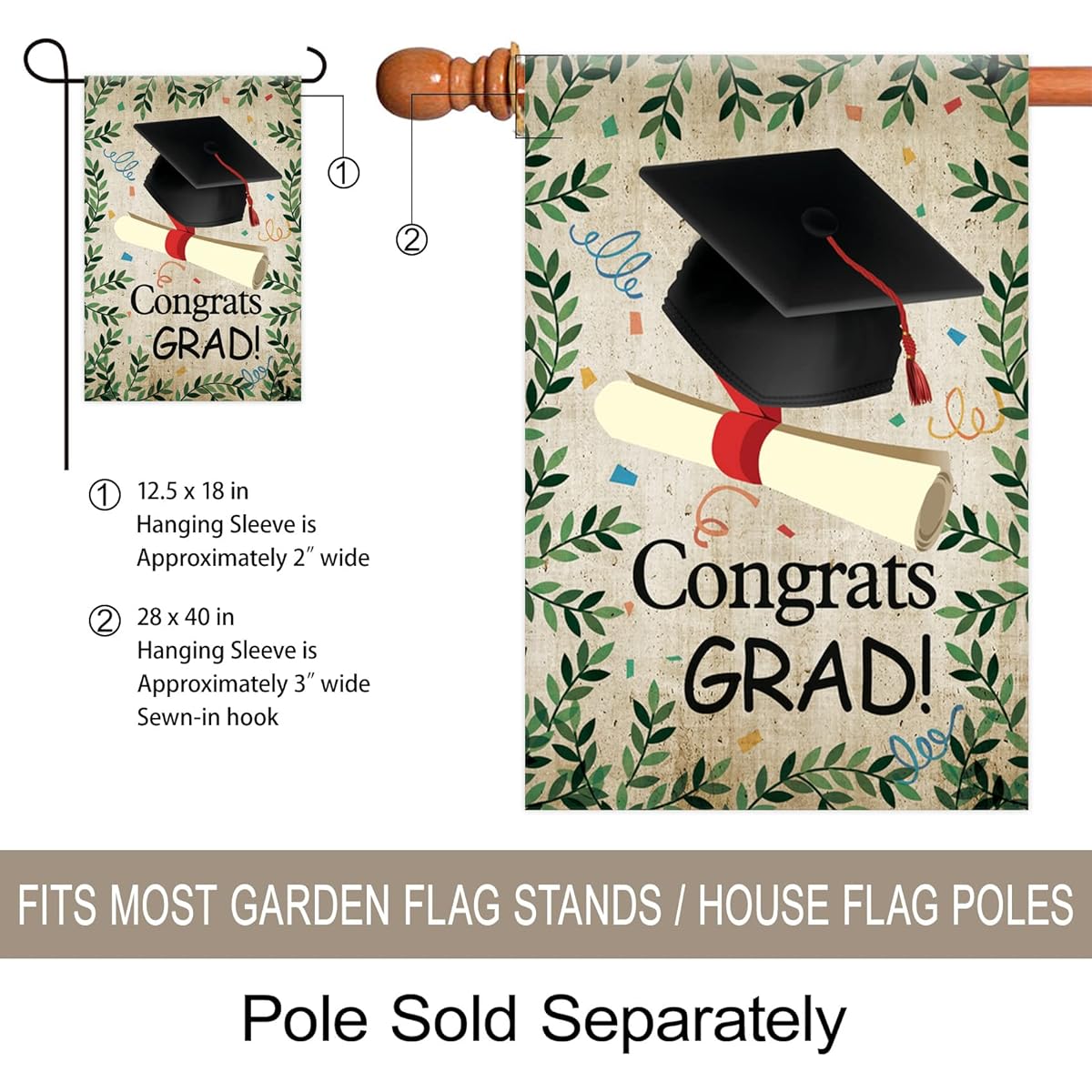 Morigins Congrats Grad House Flag Graduation Cap Celebration Party Flag Garden Banner 28x40 Inch