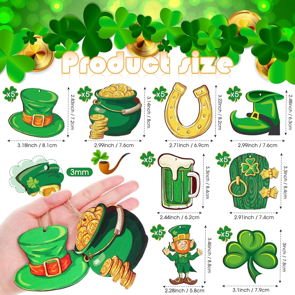 St. Patrick's Day Wooden Gnome Ornaments, Gnome Wooden Pendant Decorations, Shamrock Pot, Gold Coin Leprechaun Cutouts, St. Patrick's Day Home Decor, Holiday Farmhouse (Shamrock Style) 40 Pieces