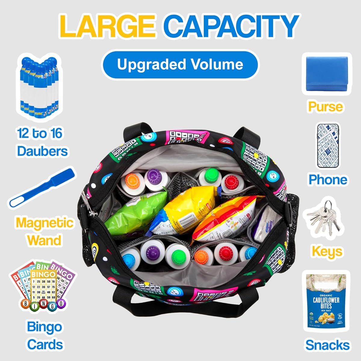 Bingo Bag with Pockets, Bingo Accessories Supplies, Large Size Bingo Tote for Bingo Dover, Bingo Gifts for Women, Bingo Lovers, Waterproof Bingo Carry Bag with Shoulder Strap, Bingo Game Essentials