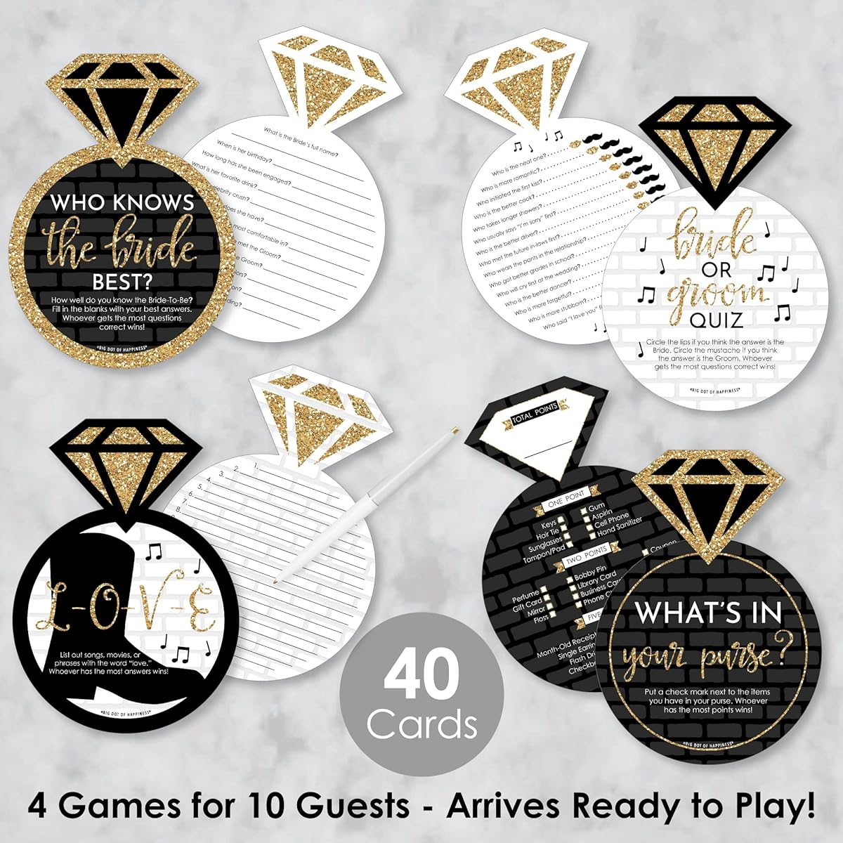 Big Dot of Happiness Nash Bash - 4 Nashville Bridal Shower Games - 10 Cards Each - Who Knows The Bride Best, Bride or Groom Quiz, What's in Your Wallet and What to Love - Gamerific Bundle