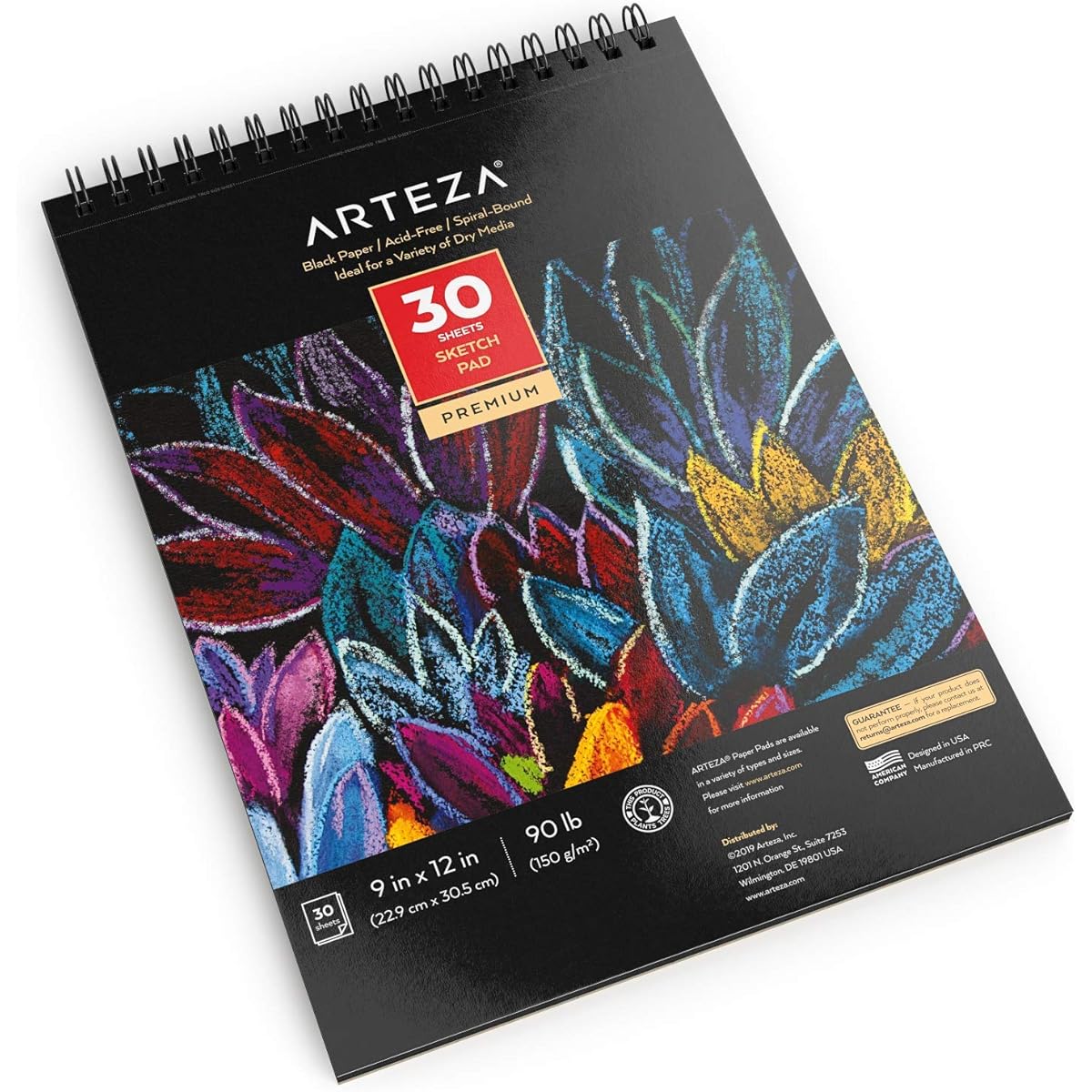 Arteza 9x12" Black Sketch Pad, 30 Sheets (90lb/150gsm), Spiral Bound, Heavyweight Paper, Graphite & Colored Pencils, Charcoal, Oil Pastels, Gel Pens, Chalk, Ink
