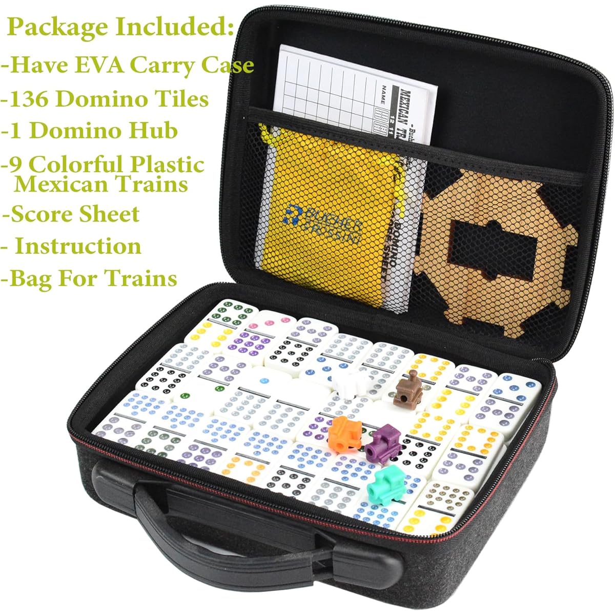 Bucher&Rossini Mexican Train Domino Set Double 15 136 Colored Dotted Tiles with Hard EVA Carry Case for Kids & Adults Domino Board Game