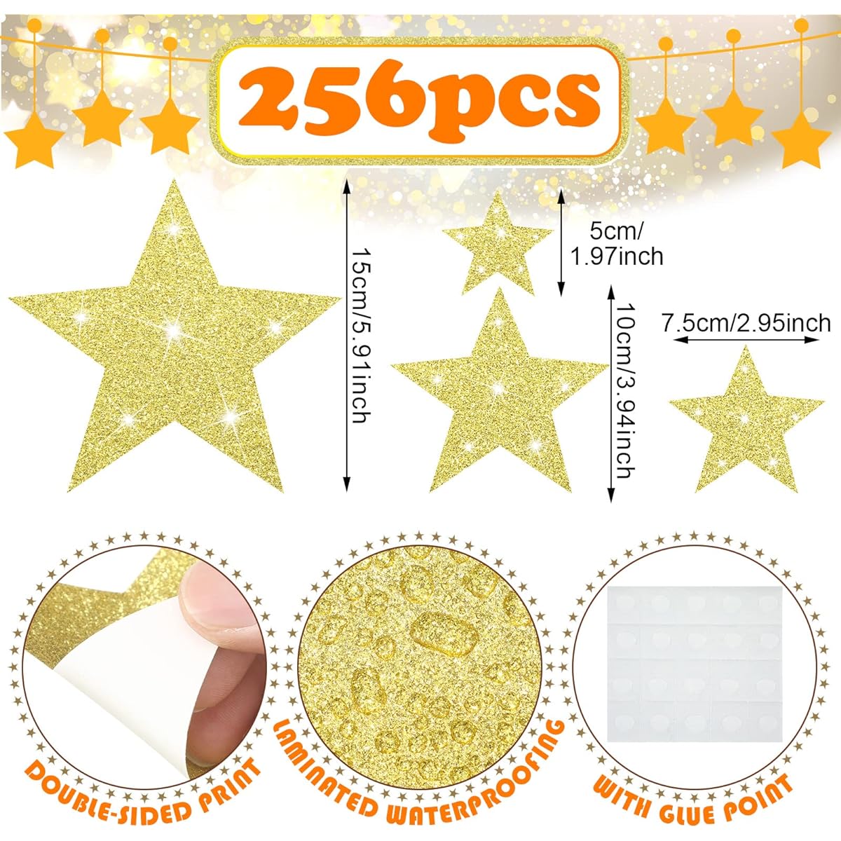 Ctosree 256 Pieces Glitter Star Cutouts Gold Paper Stars Gold Star Decorations Star Wall Decor Confetti Cutouts for Bulletin Board/Classroom/Movie/Night Party Decoration 4 Sizes