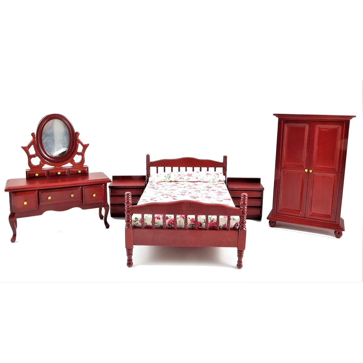 Dollhouse Mahogany Double Bedroom Furniture Set and Spindle Bed Frame
