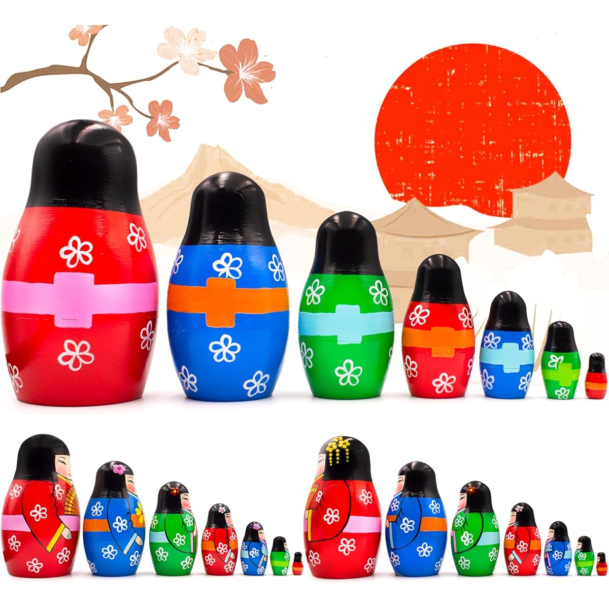 AEVVV 7 Piece Japanese Nesting Doll Set - Matryoshka Dolls Japanese Kimono - Wooden Kokeshi Dolls - Wooden Geisha Dolls - Daruma Dolls - Japanese Decorations