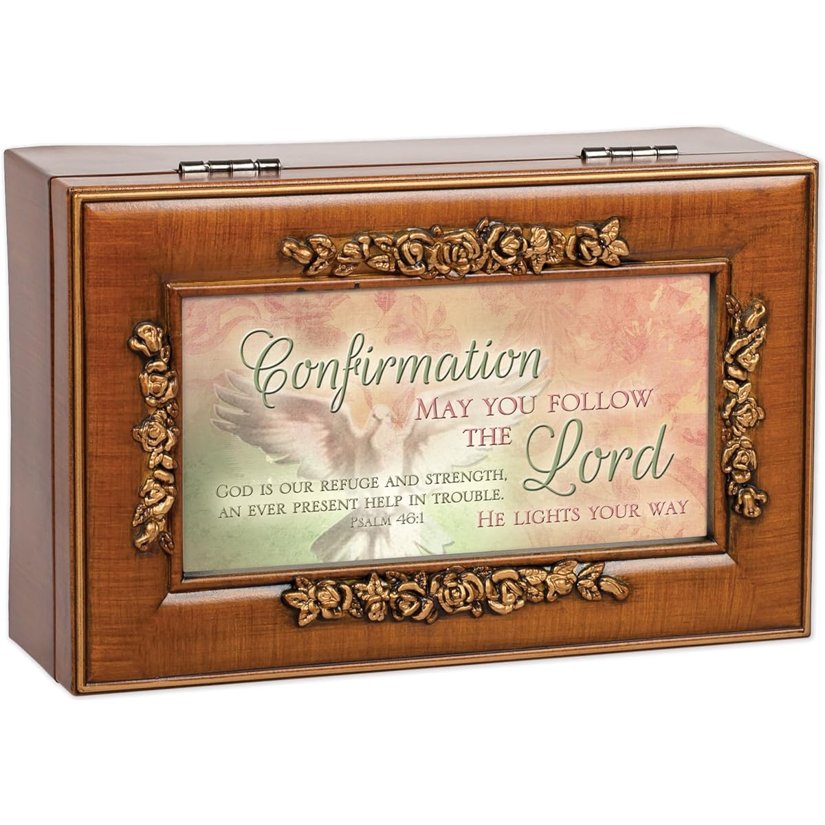Cottage Garden Confirmation Follow The Lord Woodgrain Embossed Jewelry Music Box Amazing Grace