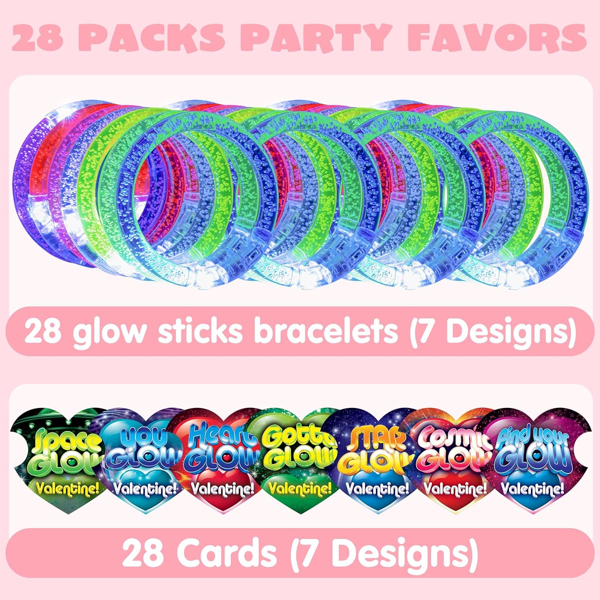 28 Pack Valentine's Day Cards Glow Stick Bracelets