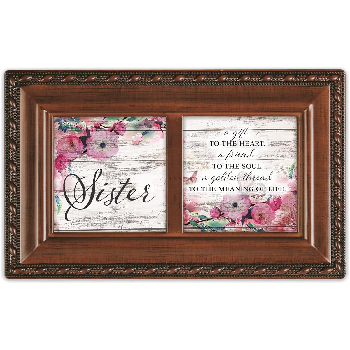 Cottage Garden Sister A Gift to The Heart Wood Grain 7 x 4 MDF Wooden Music Box with Curved Edges