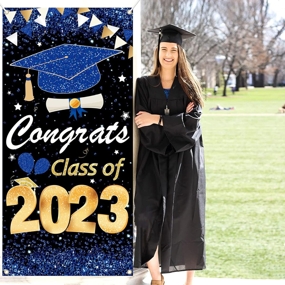 2023 Graduation Decorations Class of 2023 Banner Congrats Graduation Door Banner Graduation Party Decorations 2023 Front Door Porch Sign Backdrop Blue Graduation Decorations 2023