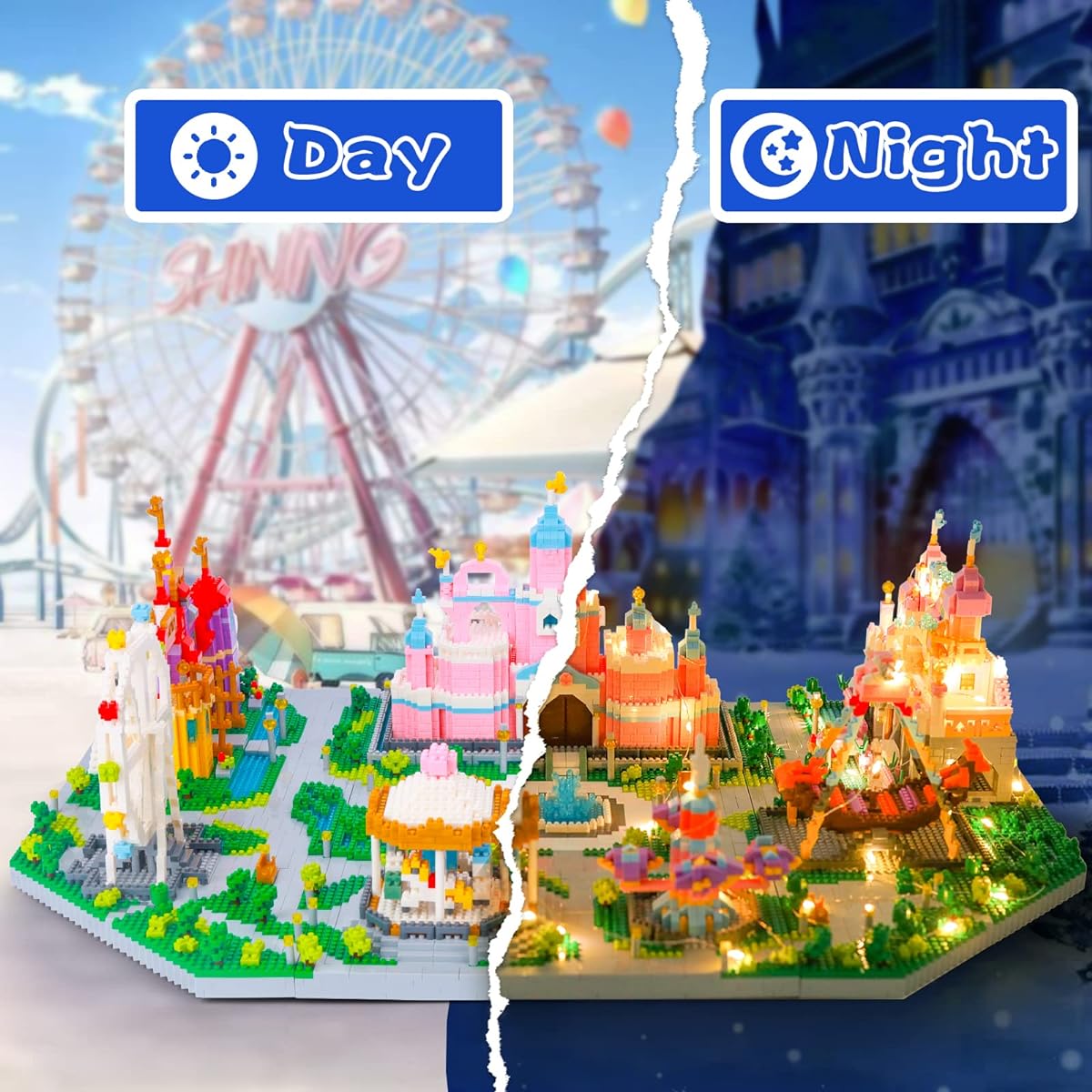 Chifafortoo 7416Pcs Friends Magical Playground Building Blocks Sets Theme Park for Kids with Lights Princess Castle Ferris Wheel Carousel 7 in 1 Micro Mini Building Bricks Kit