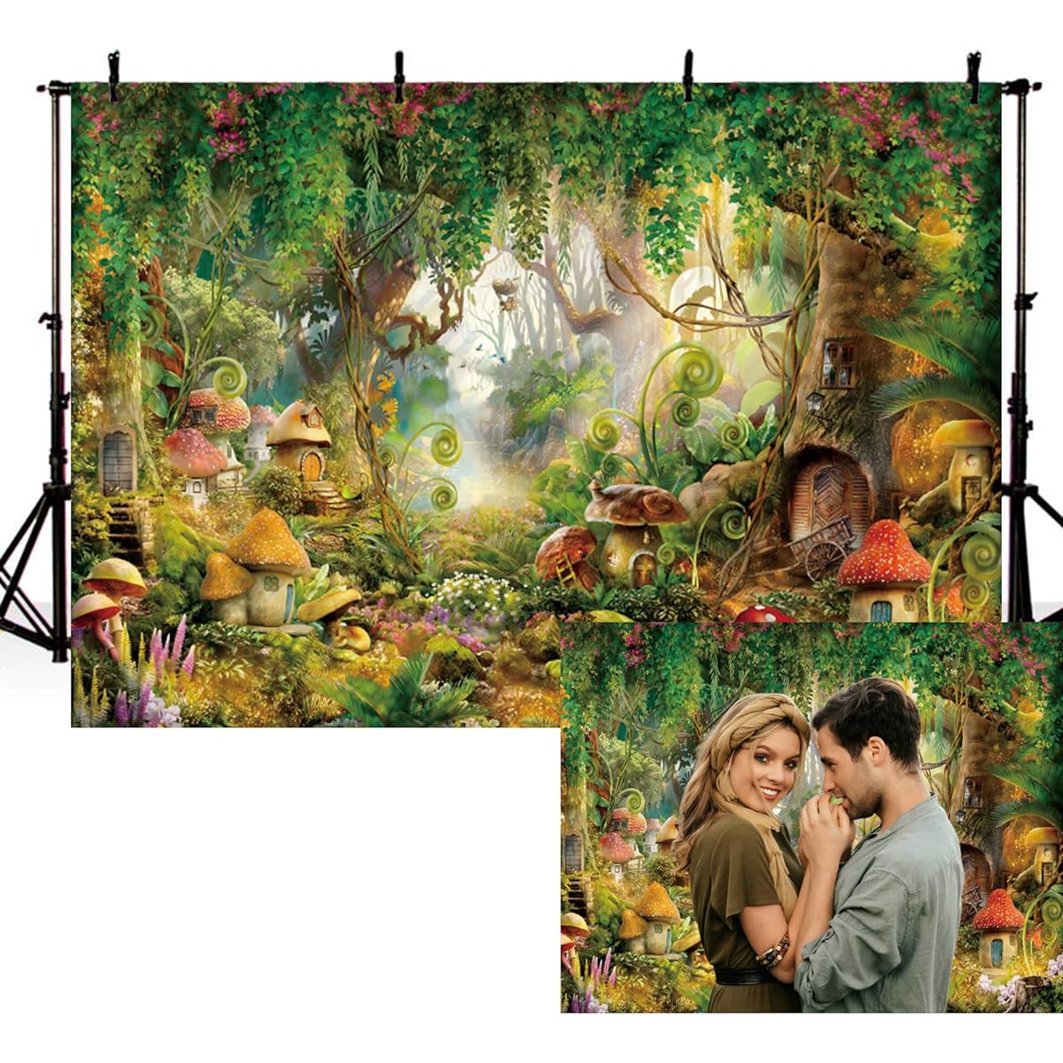 10x8ft Spring Magical Forest Backdrop Large Jungle Trees Vines Mushrooms Wonderland Decor Enchanted World of Misty Greenery Photography Background Girls Birthday Party Banner