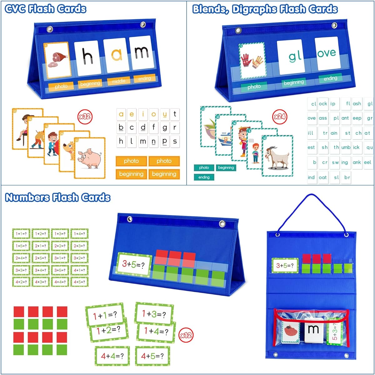 Word Building Desktop Pocket Chart Stand Card Kit Kindergarten Classroom Essentials 3-in-1 CVC Word Game Blend Digraph Phonics Flash Cards Math Manipulatives Spelling Game