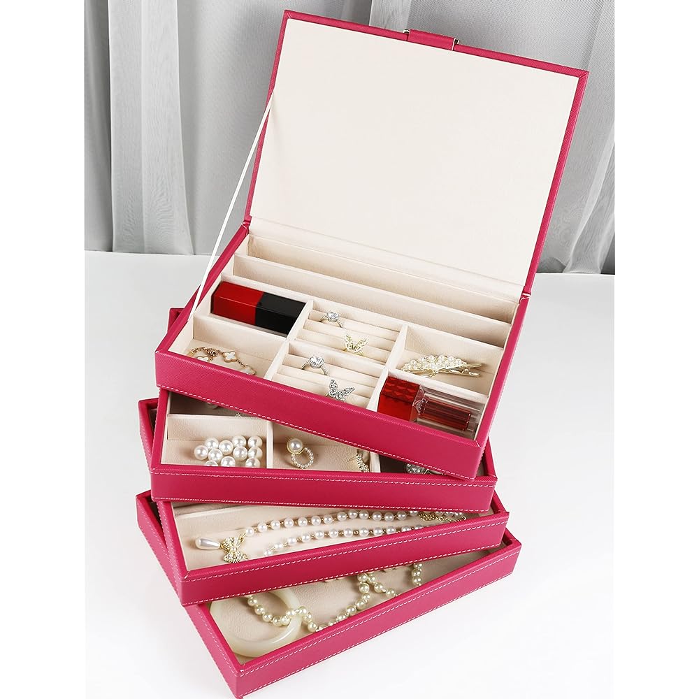SANSREPONSE Jewelry Accessories Storage Tray 4 Tier Set Jewelry Box Box Case Stackable Large Capacity Earrings Necklace Ring Holder (Hot Pink, 4 Tiers)