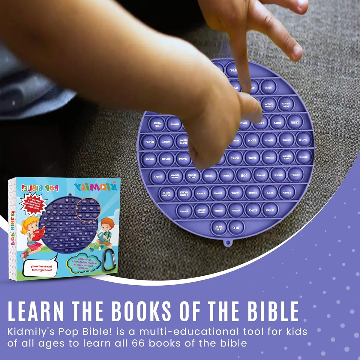 Kidmily 70 Popper Fidget Toy - Premium Popper for Bible - Fun and Relaxing Bubble Pop Book with Carabiner - Soft Silicone Fidget Counter Game - 8 x 8 x 1 Inch Pop It Toy