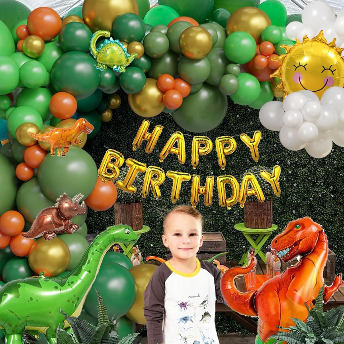 ECEAE Dinosaur Balloon Arch Garland Kit Sage Green Orange Dinosaur Foil Balloons Happy Birthday Balloons Jungle Safari Dinosaur Theme Party Baby Shower Decorations Supplies for Kids Boys
