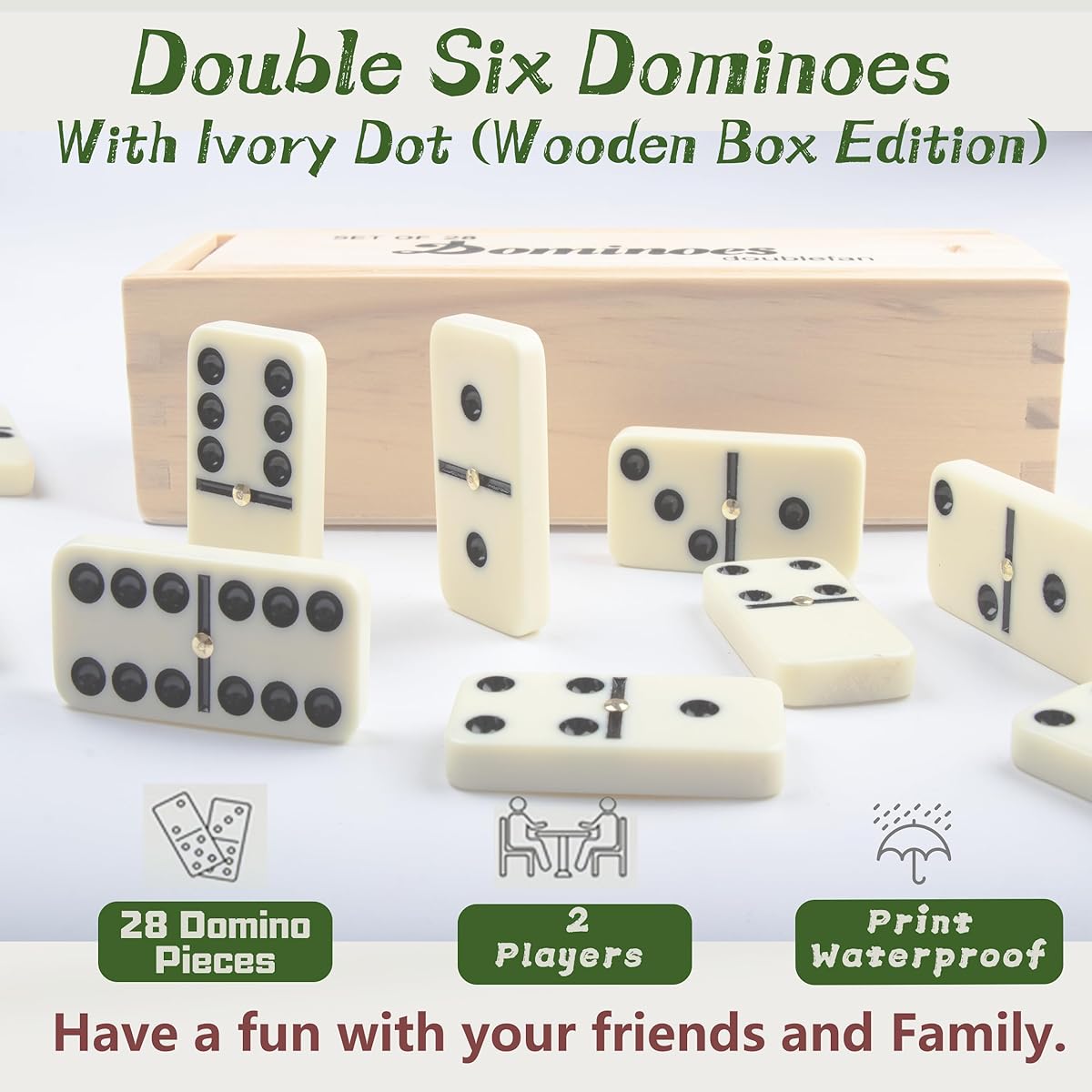 Smilejoy Domino Set for Adults, Domino Set for Classic Board Games, Double 6 Domino Game Set, 28 Pieces with Wooden Case, for 2-4 Players